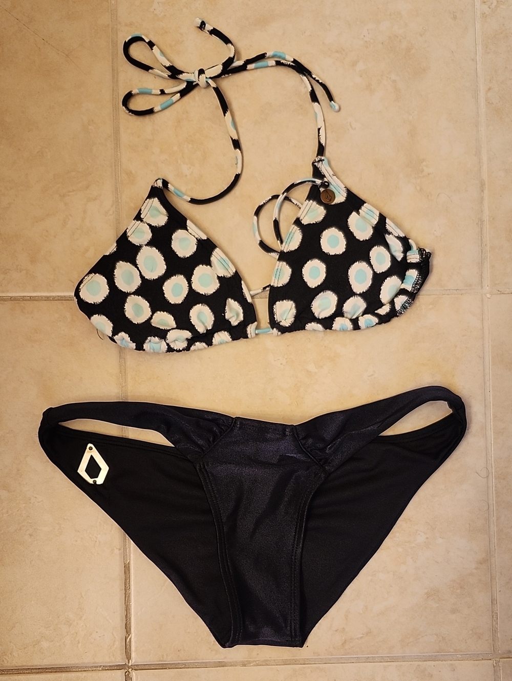 Volcom Black and Aqua Polka Dot Triangle Bikini - XS Top + S Bottoms